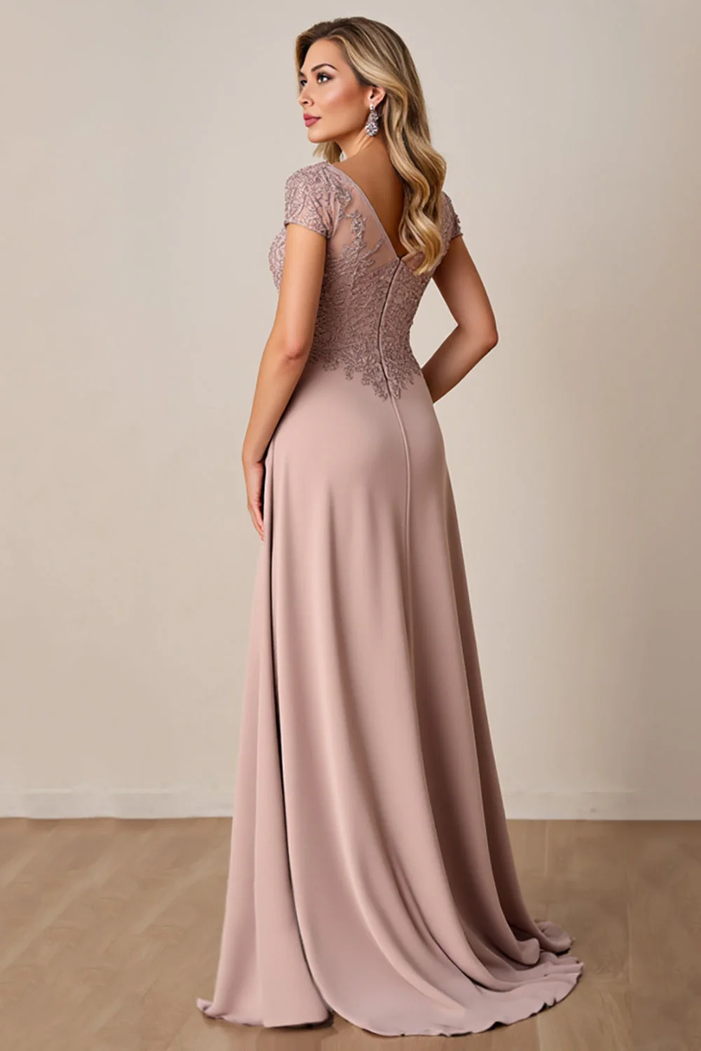 Dusty Rose A Line Satin Long Mother of the Bride Dress with Lace - Image 3