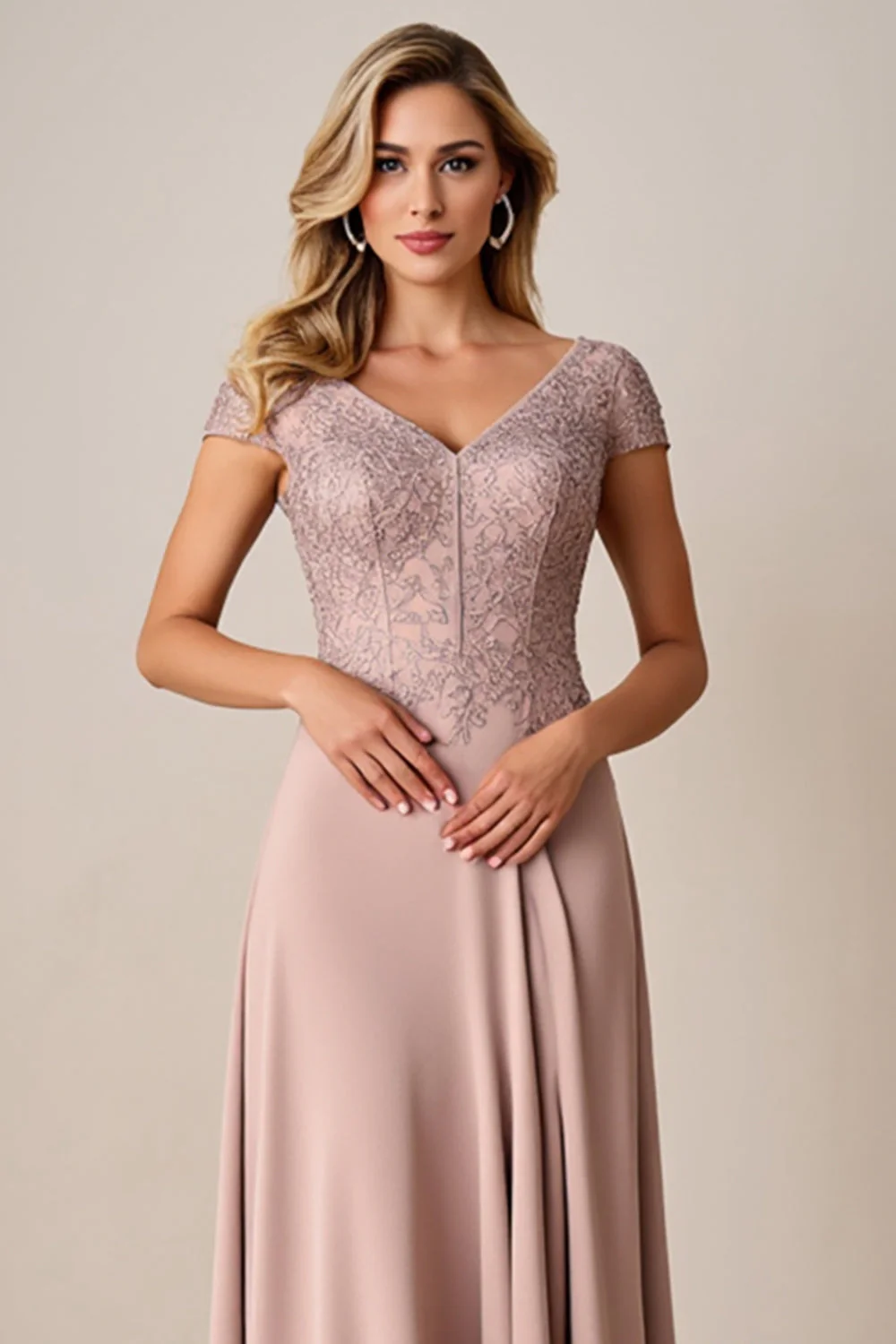 Dusty Rose A Line Satin Long Mother of the Bride Dress with Lace - Image 4