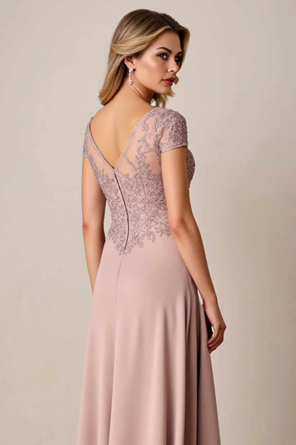 Dusty Rose A Line Satin Long Mother of the Bride Dress with Lace - Image 5