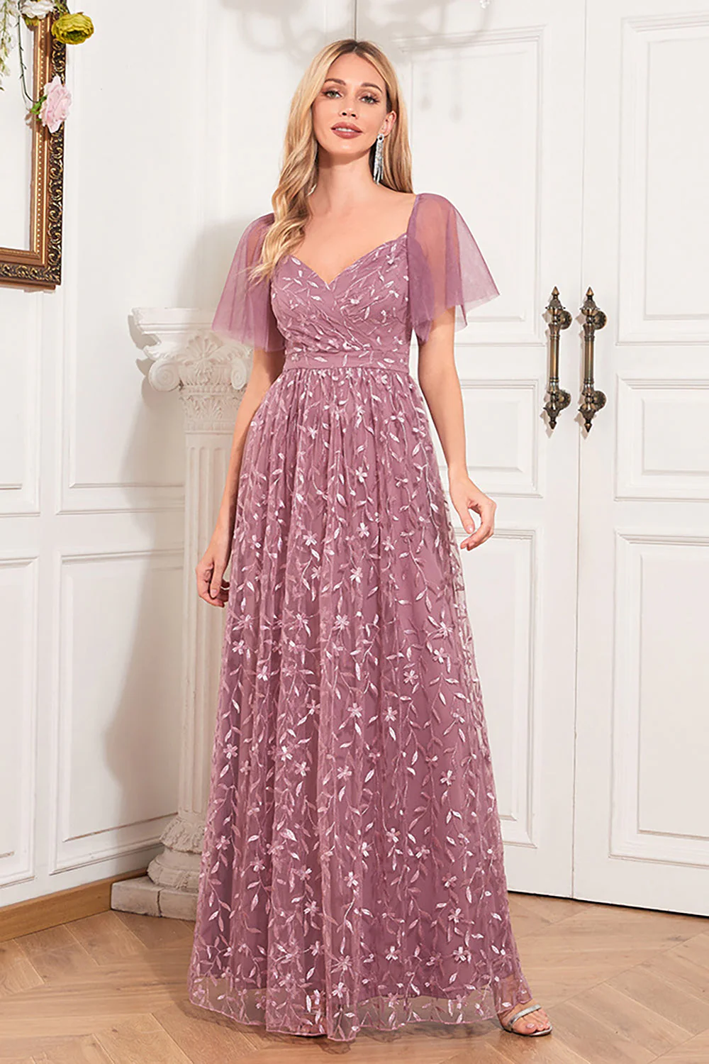 Dusty Rose A-Line V-Neck Embroidered Long Choir Dress - Image 3