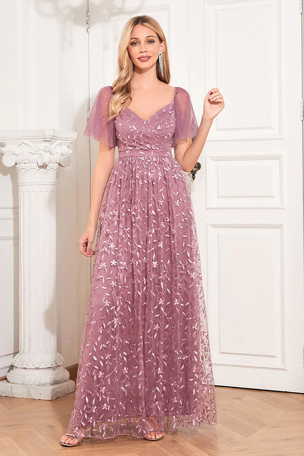 Dusty Rose A-Line V-Neck Embroidered Long Choir Dress - Image 5