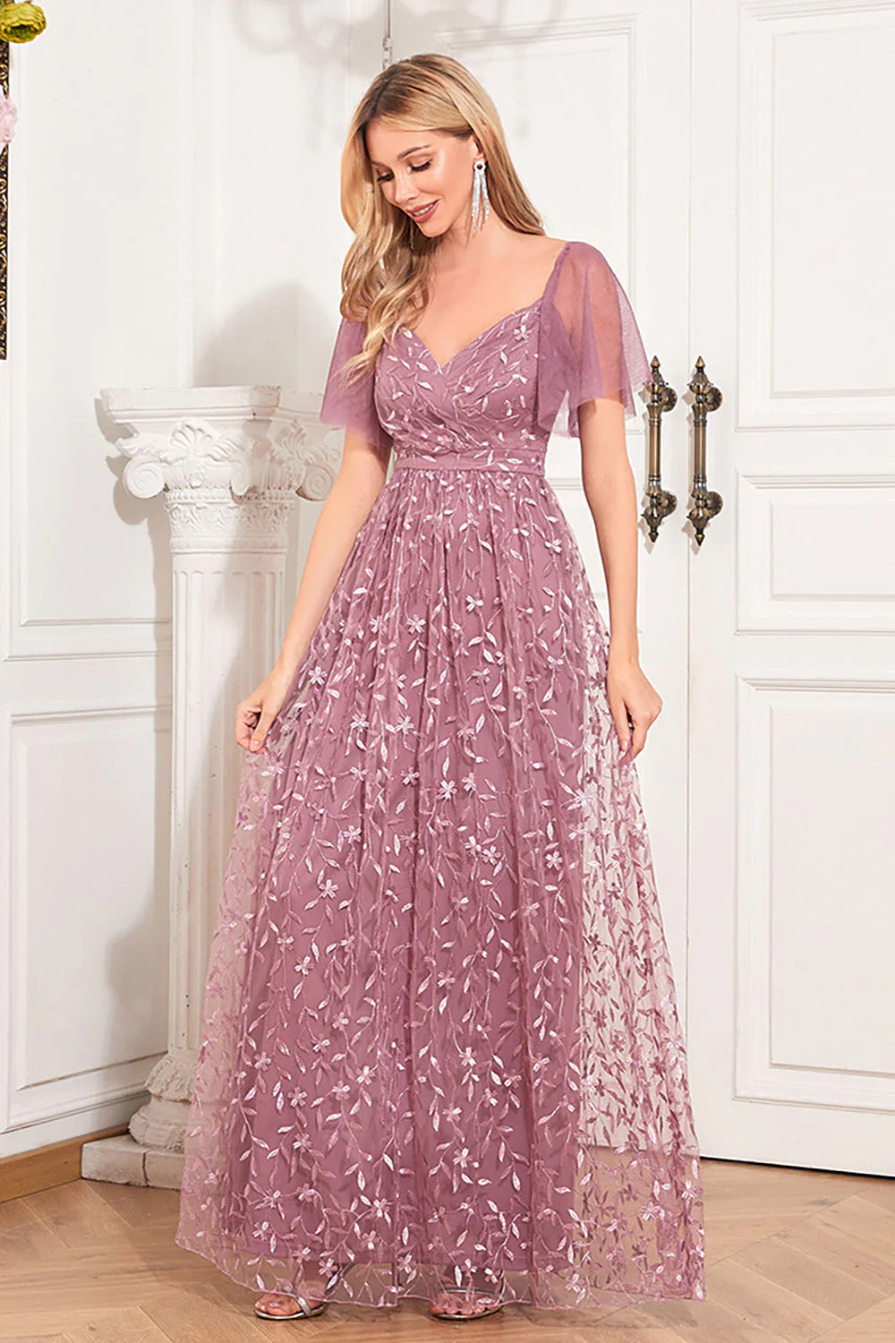 Dusty Rose A-Line V-Neck Embroidered Long Choir Dress - Image 6