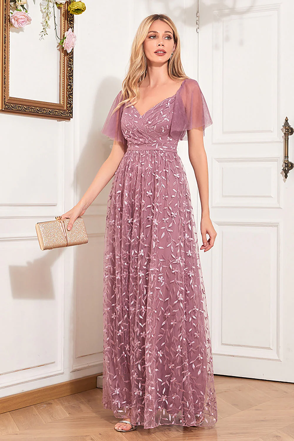Dusty Rose A-Line V-Neck Embroidered Long Choir Dress - Image 7