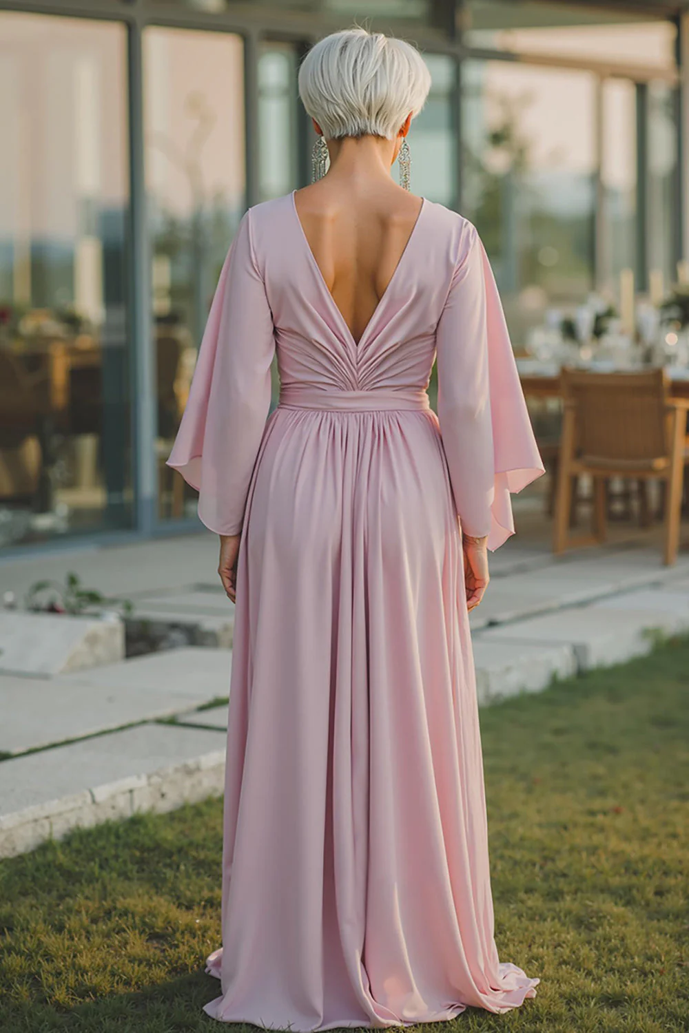 Dusty Rose Chiffon V-Neck Ruched Long Mother Of The Bride Dress with Half Sleeves - Image 2