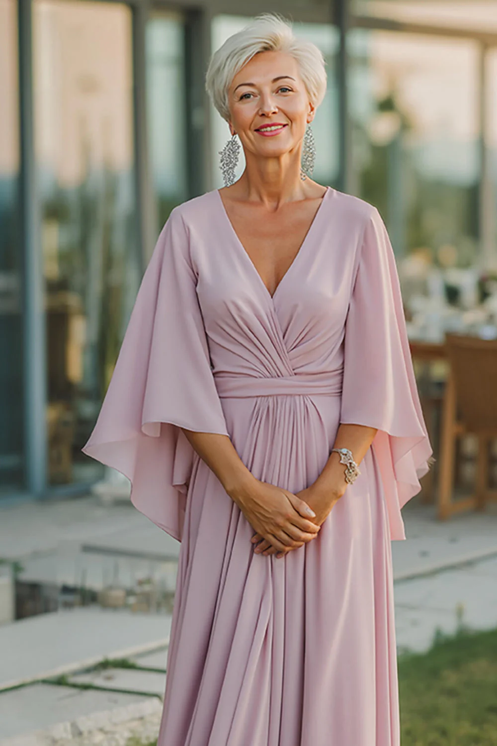 Dusty Rose Chiffon V-Neck Ruched Long Mother Of The Bride Dress with Half Sleeves - Image 3