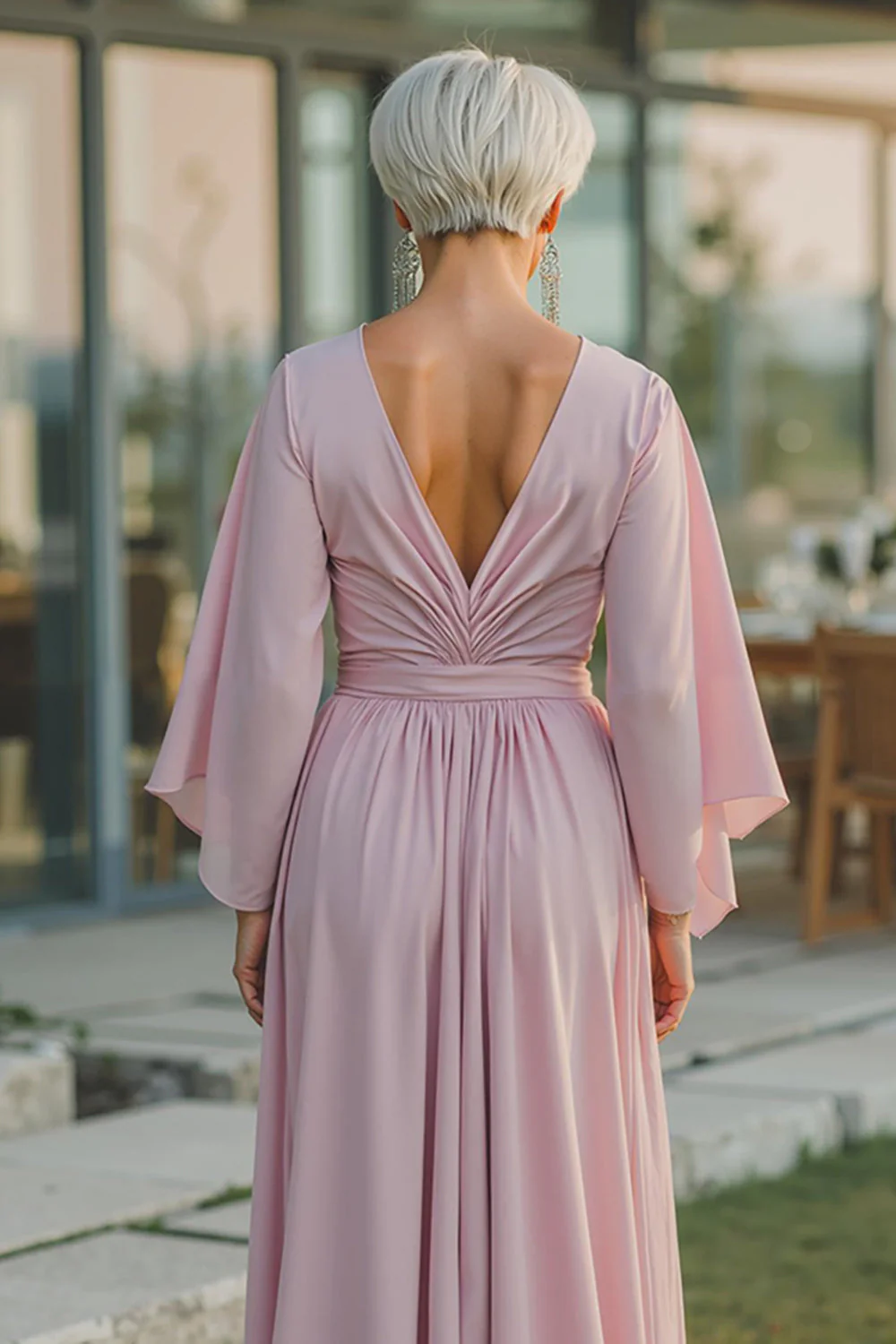 Dusty Rose Chiffon V-Neck Ruched Long Mother Of The Bride Dress with Half Sleeves - Image 4