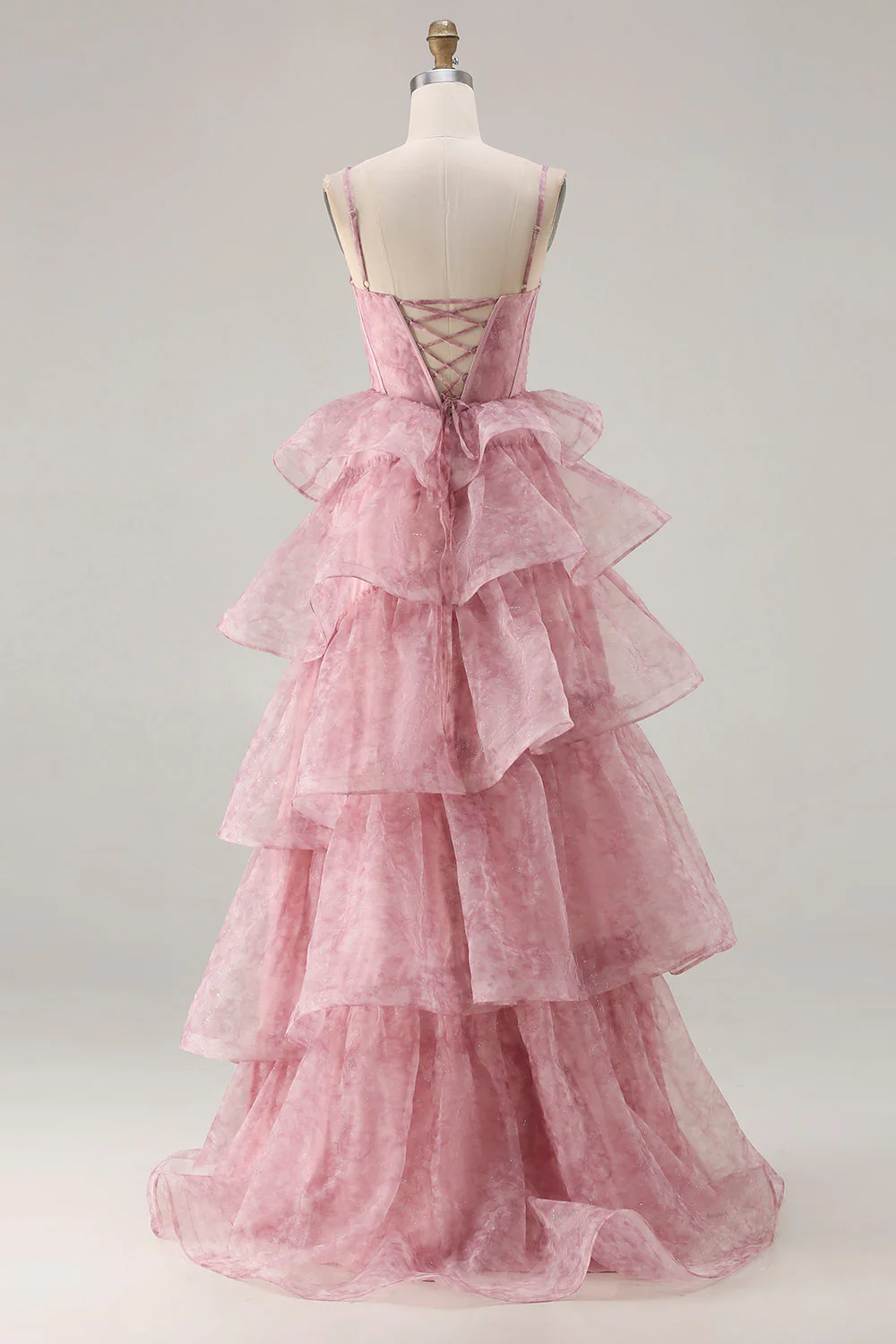 Dusty Rose Floral A Line Corset Tiered Ruffle Long Prom Dress with Slit - Image 2