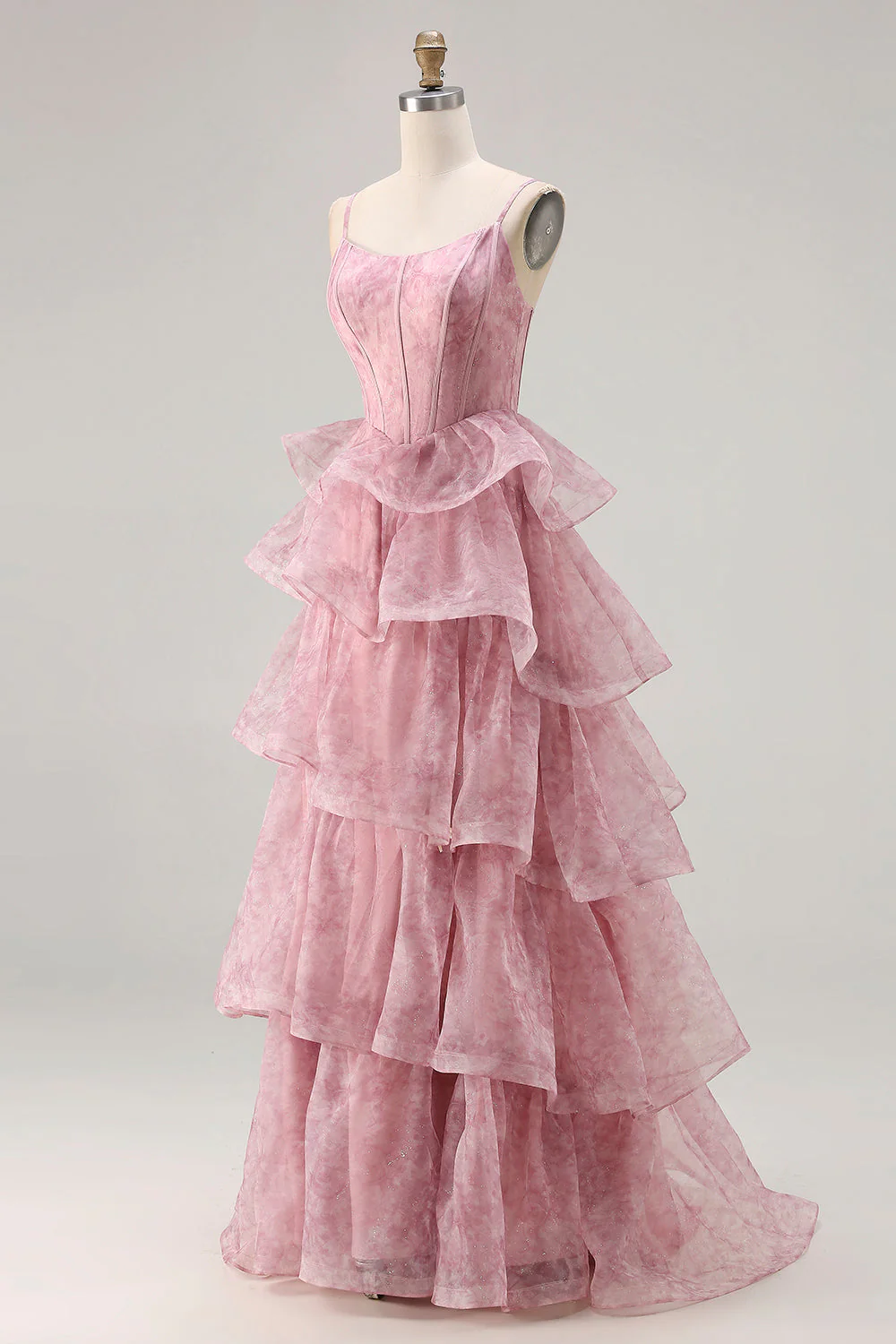 Dusty Rose Floral A Line Corset Tiered Ruffle Long Prom Dress with Slit - Image 3
