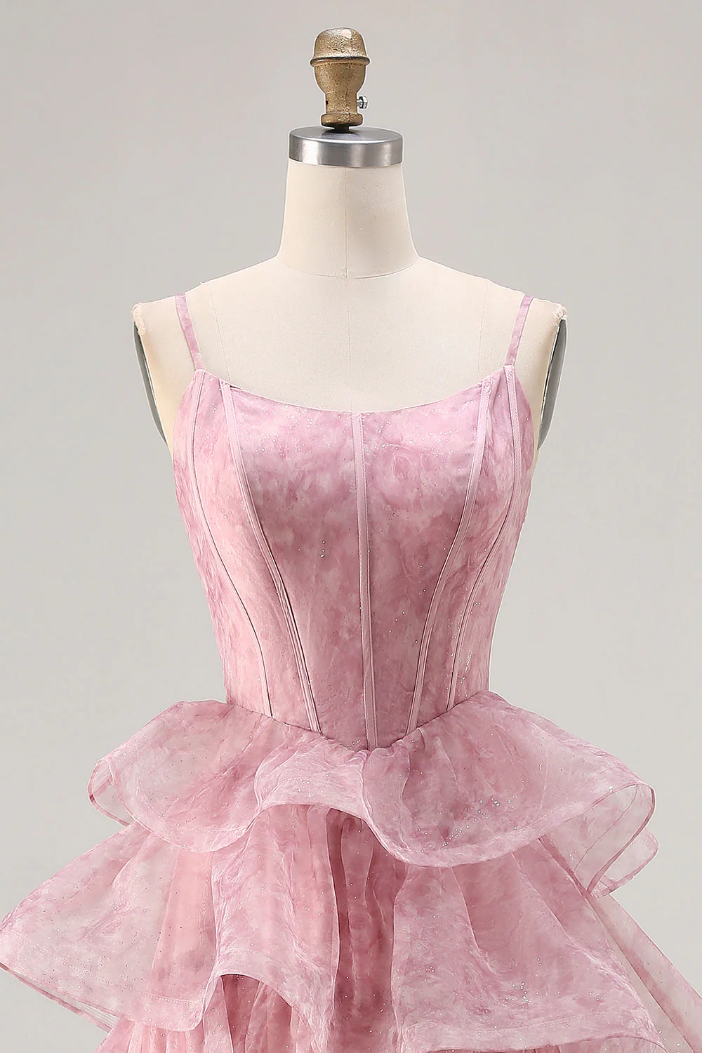 Dusty Rose Floral A Line Corset Tiered Ruffle Long Prom Dress with Slit - Image 4
