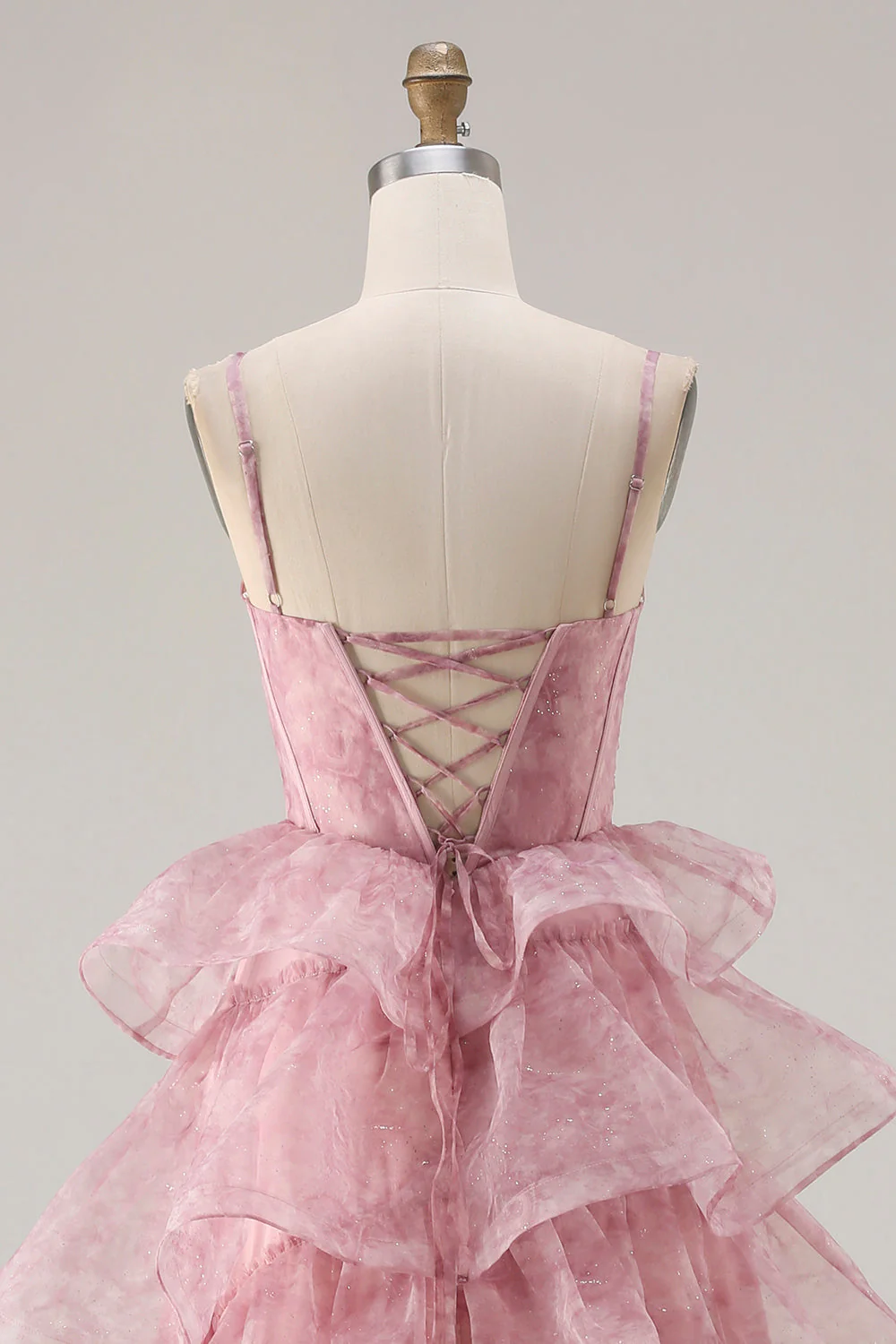 Dusty Rose Floral A Line Corset Tiered Ruffle Long Prom Dress with Slit - Image 5
