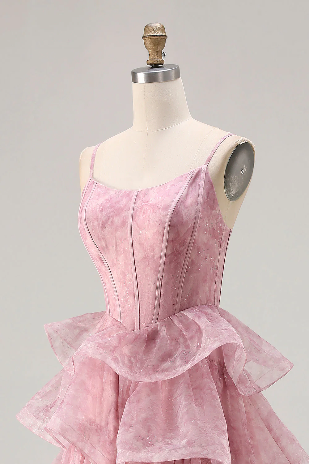 Dusty Rose Floral A Line Corset Tiered Ruffle Long Prom Dress with Slit - Image 6