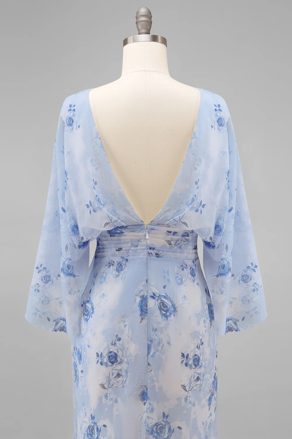 Dusty Rose Floral Open Back Mother of the Bride Dress with Flared Sleeves - Image 12