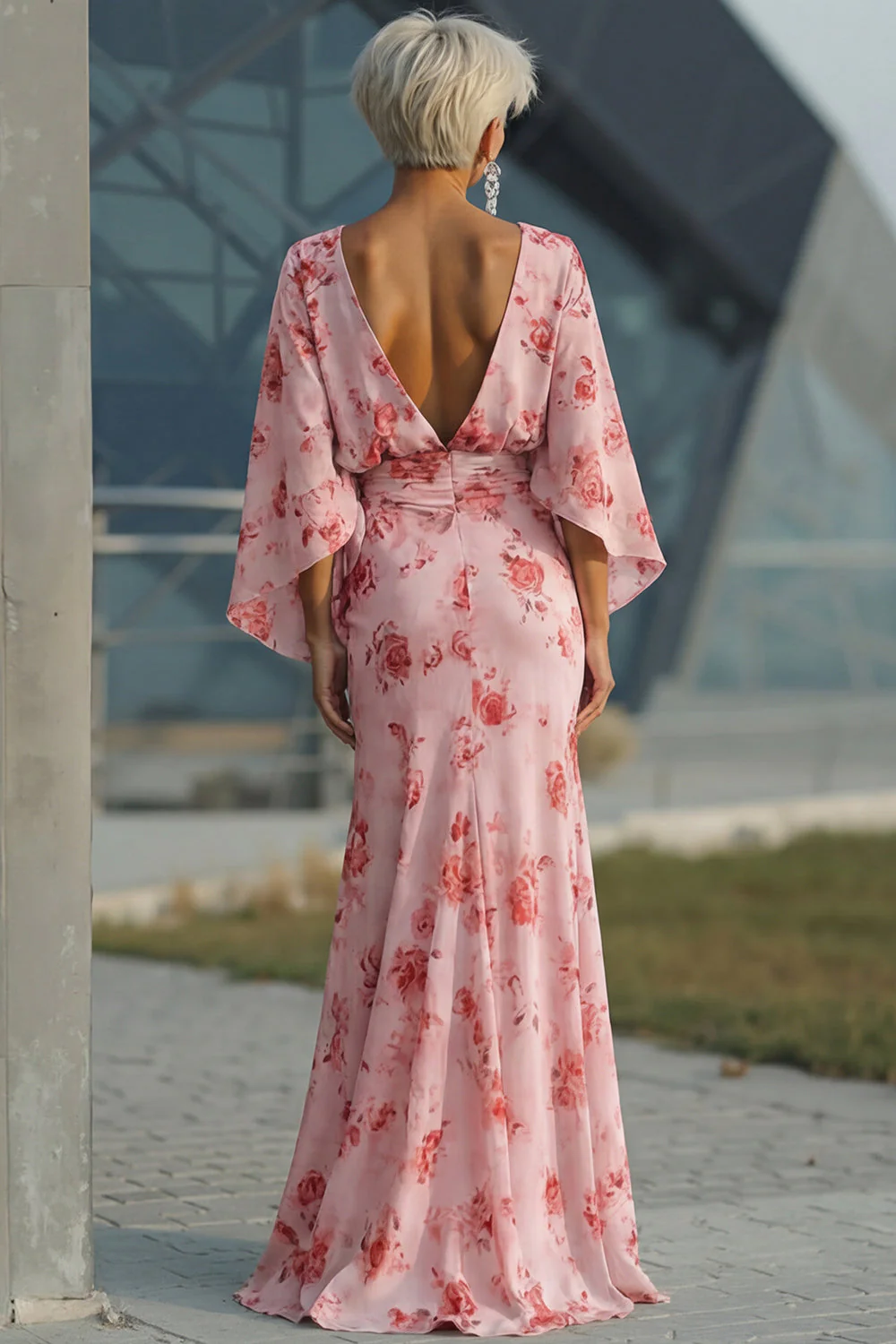 Dusty Rose Floral Open Back Mother of the Bride Dress with Flared Sleeves - Image 2