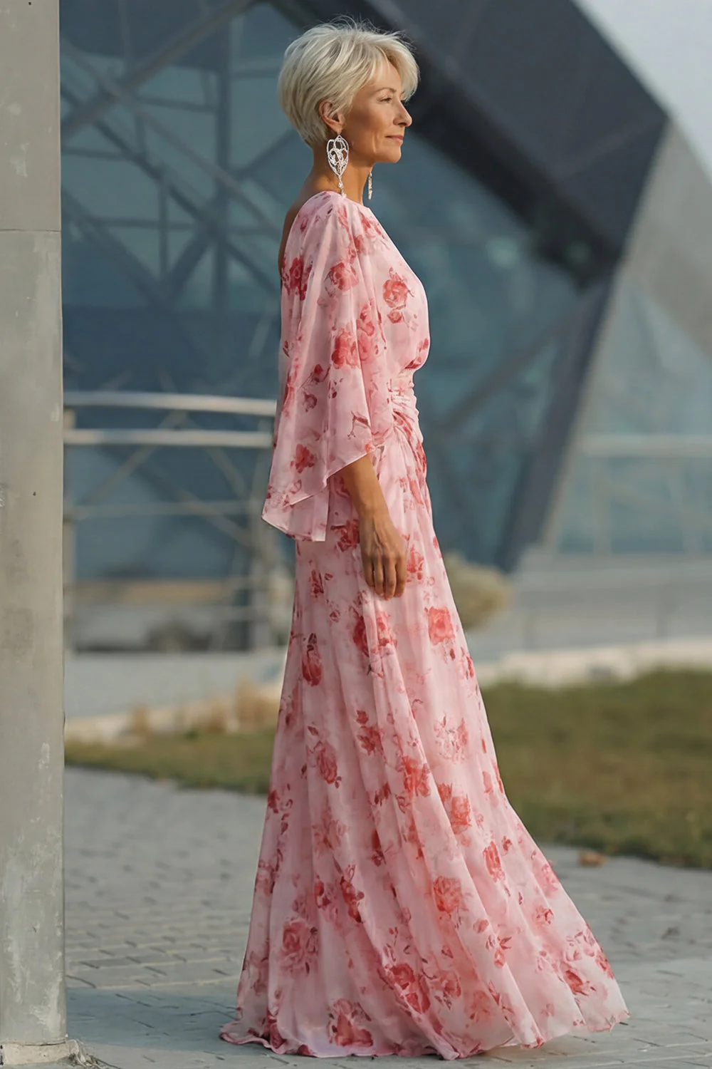 Dusty Rose Floral Open Back Mother of the Bride Dress with Flared Sleeves - Image 3