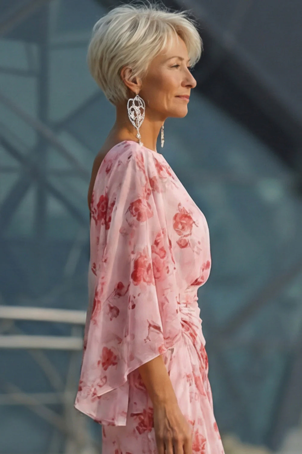Dusty Rose Floral Open Back Mother of the Bride Dress with Flared Sleeves - Image 4