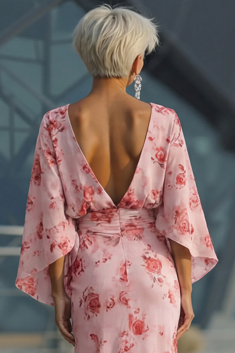 Dusty Rose Floral Open Back Mother of the Bride Dress with Flared Sleeves - Image 5