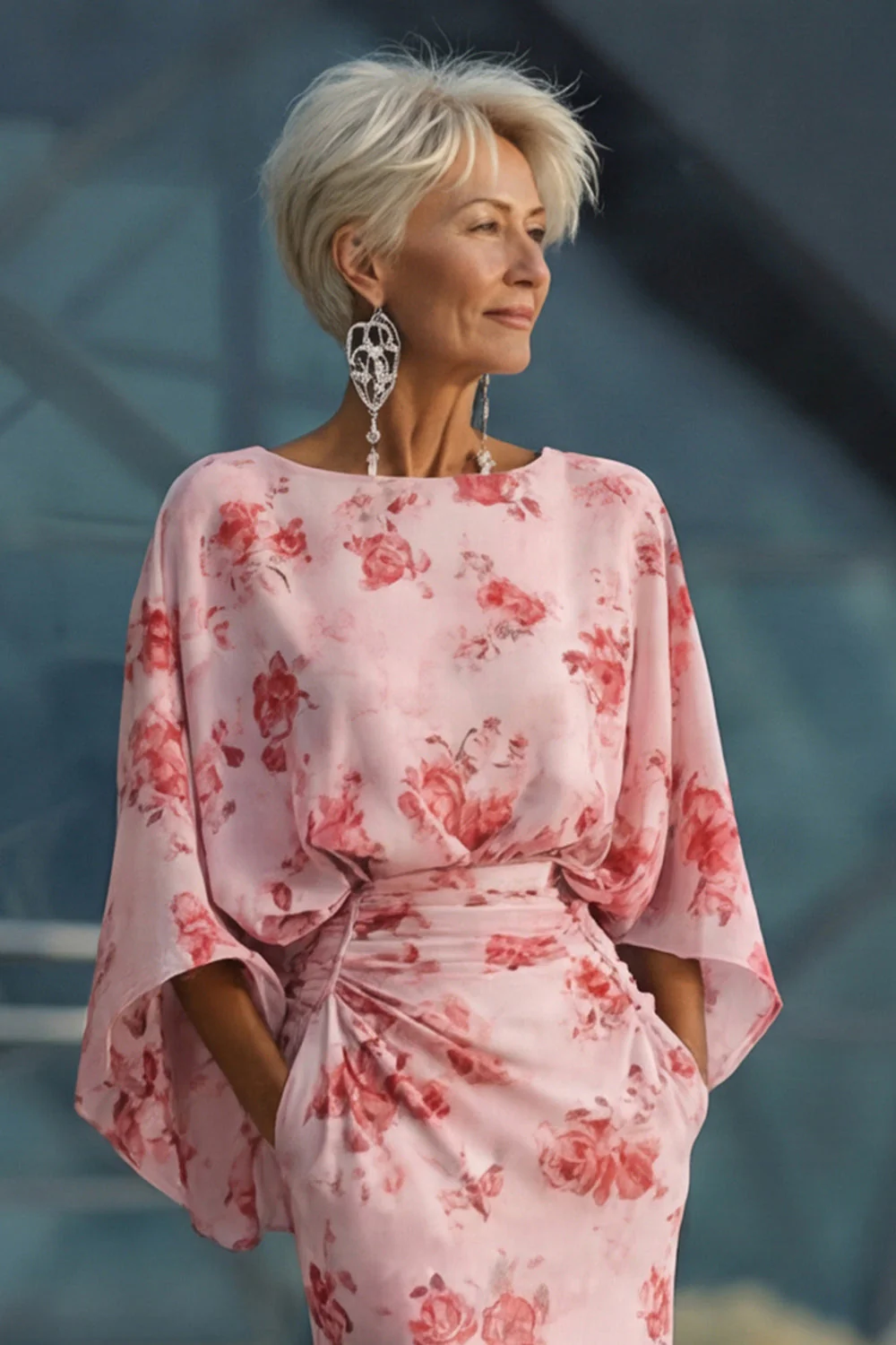 Dusty Rose Floral Open Back Mother of the Bride Dress with Flared Sleeves - Image 6