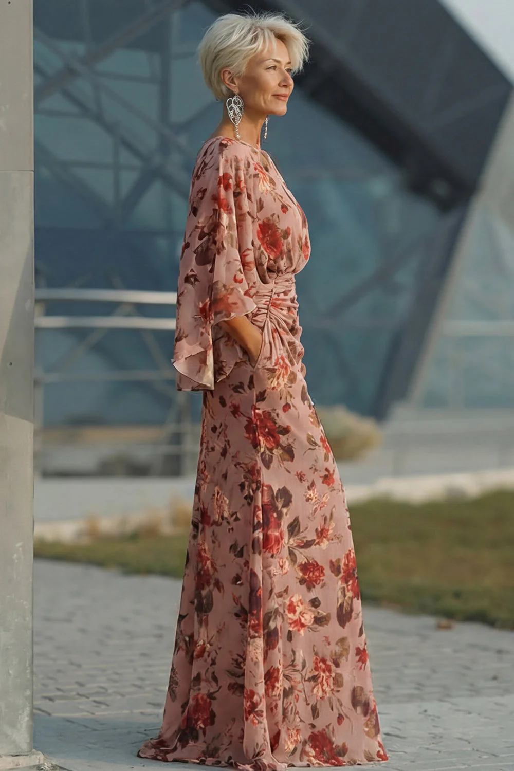 Dusty Rose Floral Sheath Ruched Mother of the Bride Dress with Long Sleeves - Image 2