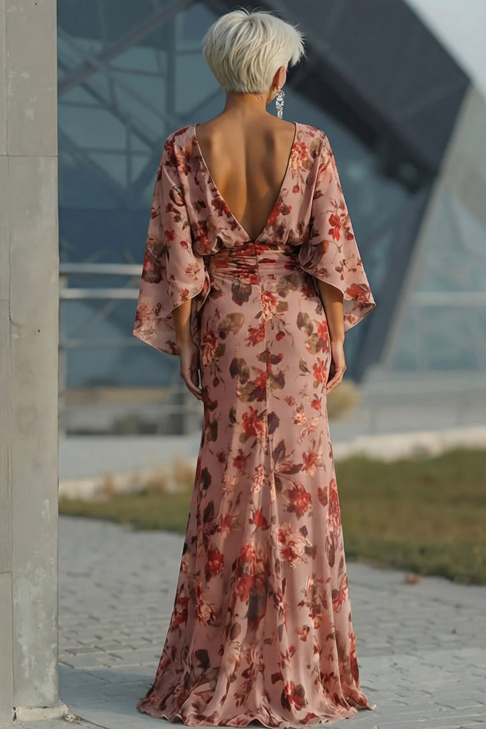 Dusty Rose Floral Sheath Ruched Mother of the Bride Dress with Long Sleeves - Image 3