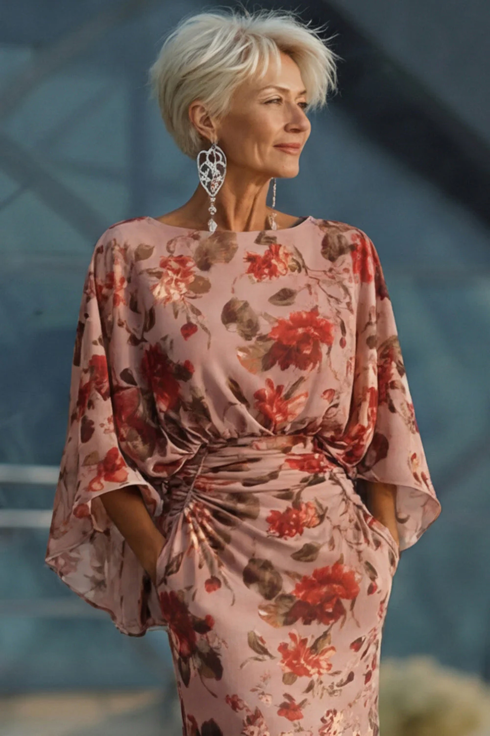 Dusty Rose Floral Sheath Ruched Mother of the Bride Dress with Long Sleeves - Image 4