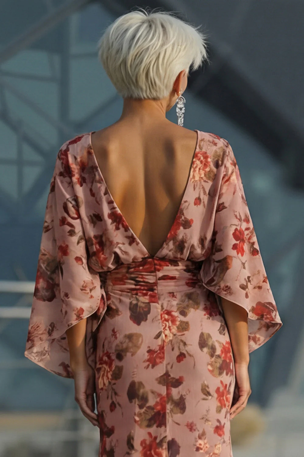 Dusty Rose Floral Sheath Ruched Mother of the Bride Dress with Long Sleeves - Image 5