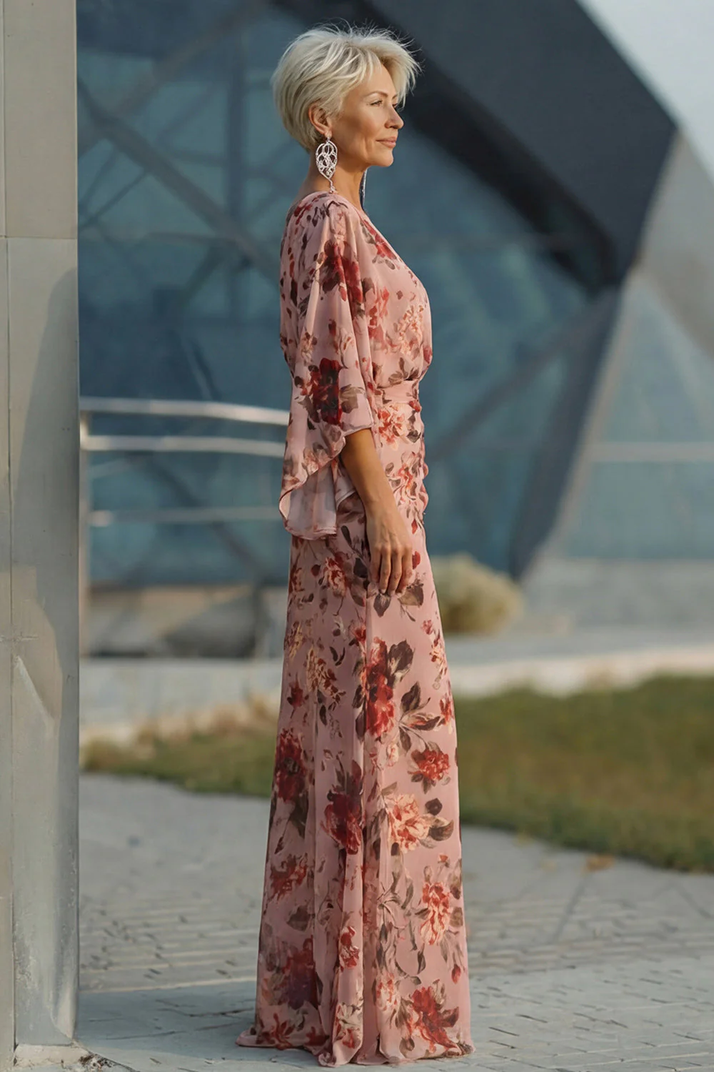 Dusty Rose Floral V Neck Sheath Mother of the Bride Dress with Pockets - Image 2