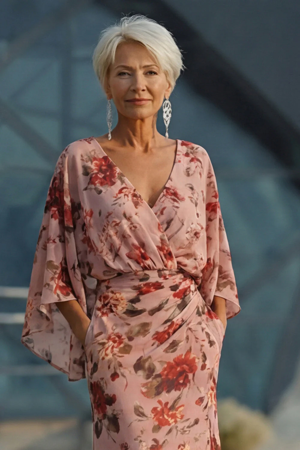 Dusty Rose Floral V Neck Sheath Mother of the Bride Dress with Pockets - Image 3