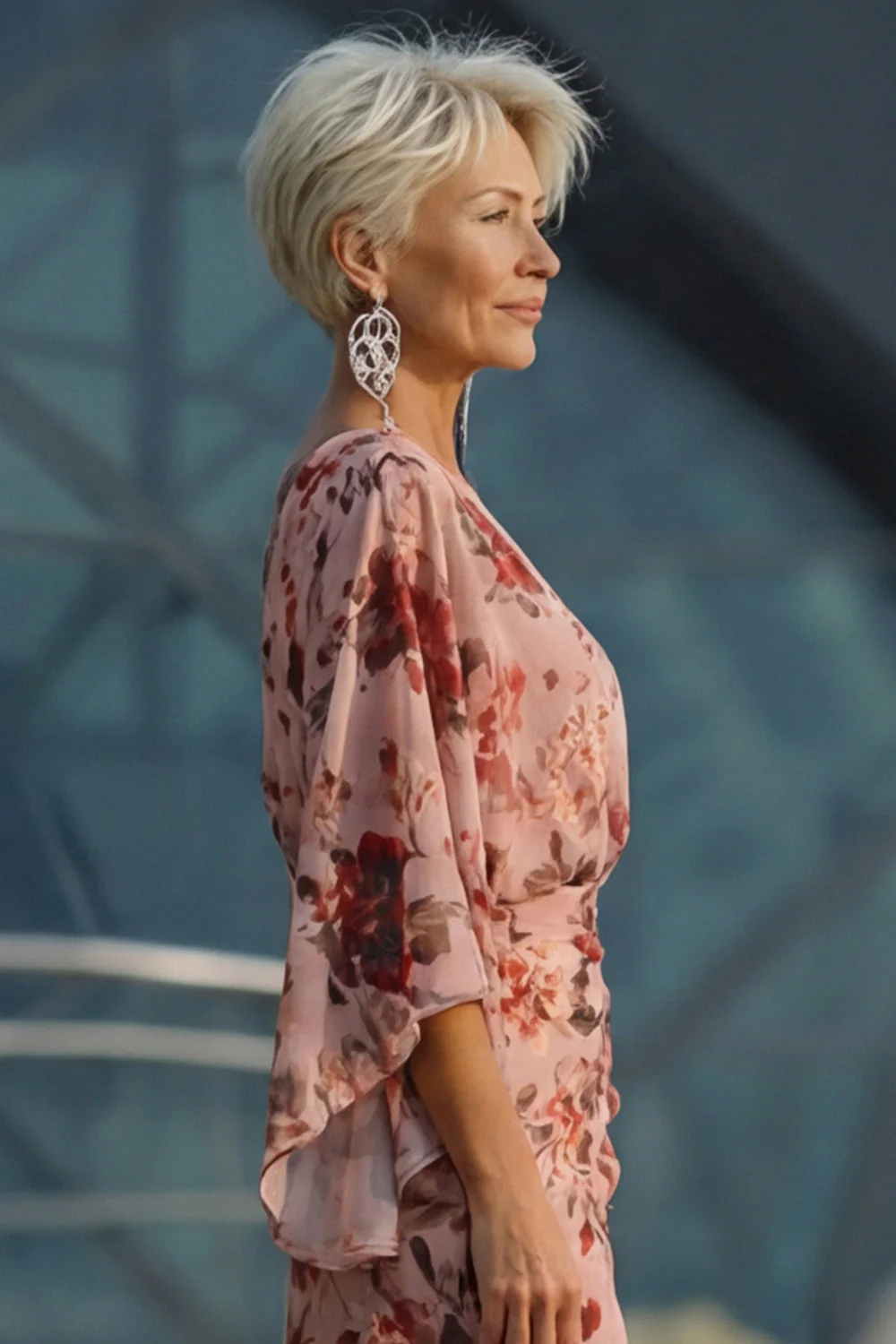 Dusty Rose Floral V Neck Sheath Mother of the Bride Dress with Pockets - Image 4