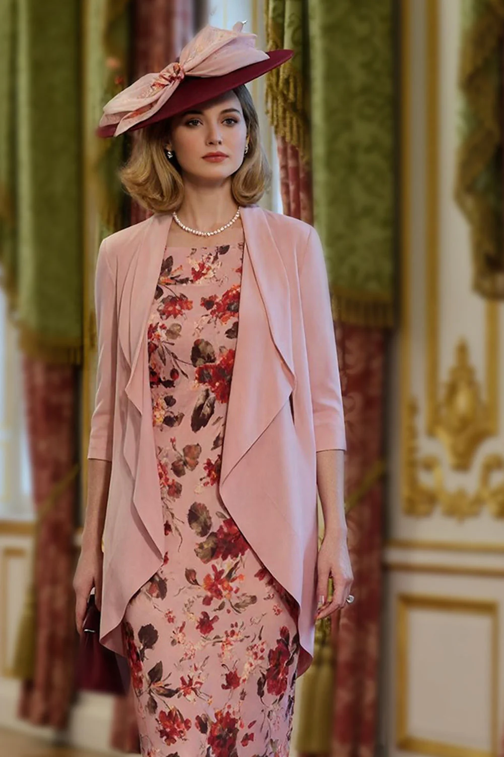 Dusty Rose Flower Printed Sheath 2-Piece Midi Mother of the Bride Dress with Jacket - Image 3