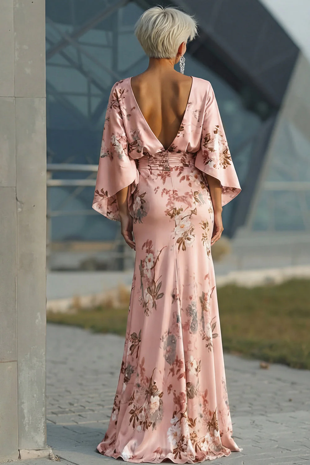 Dusty Rose Flower Sheath Printed Satin Mother of the Bride Dress with Pockets - Image 2