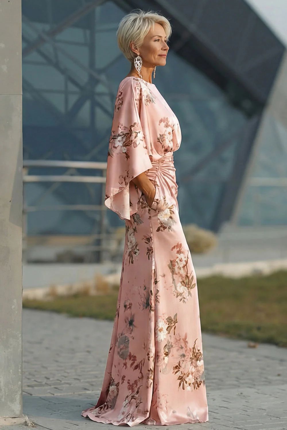 Dusty Rose Flower Sheath Printed Satin Mother of the Bride Dress with Pockets - Image 3