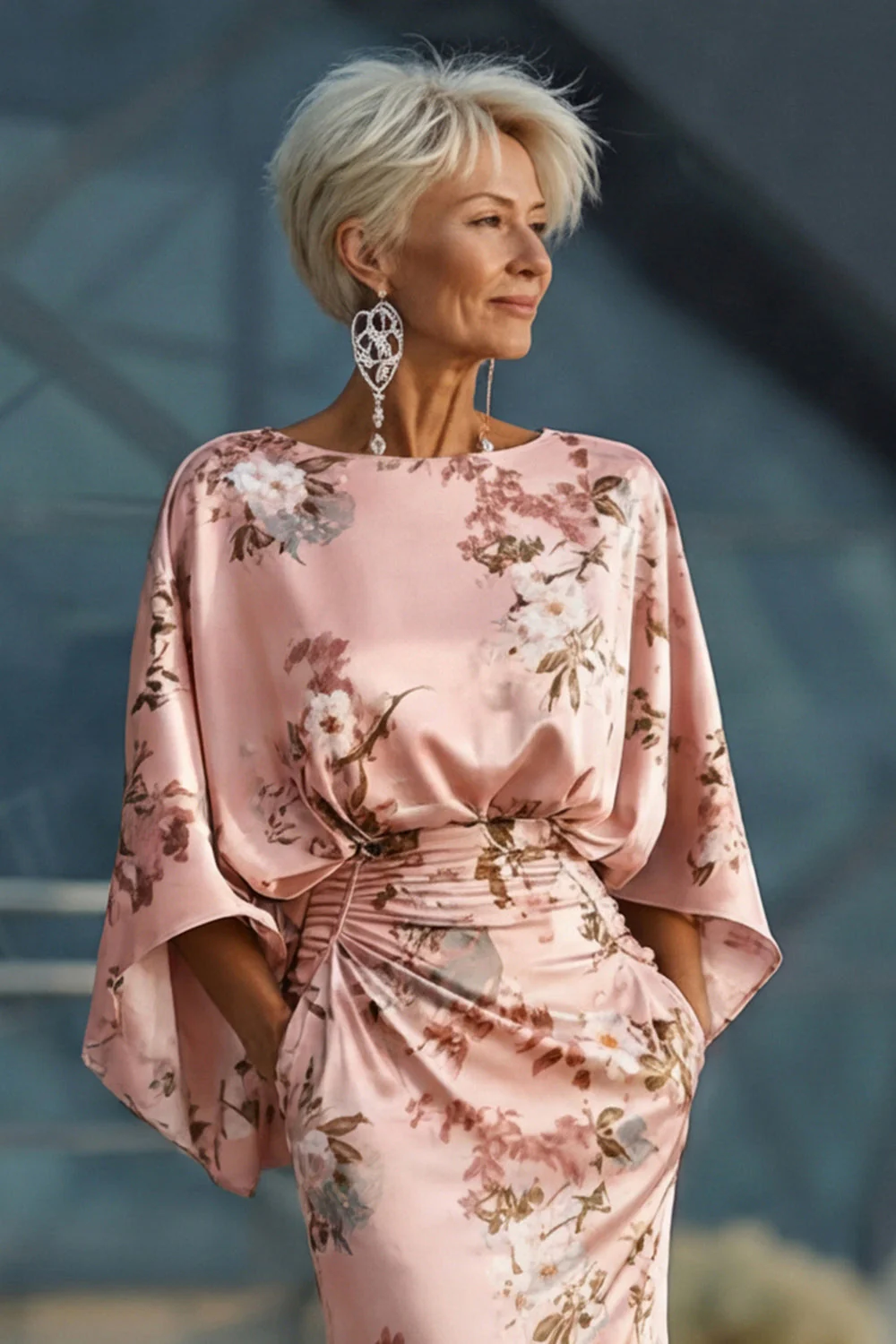 Dusty Rose Flower Sheath Printed Satin Mother of the Bride Dress with Pockets - Image 4