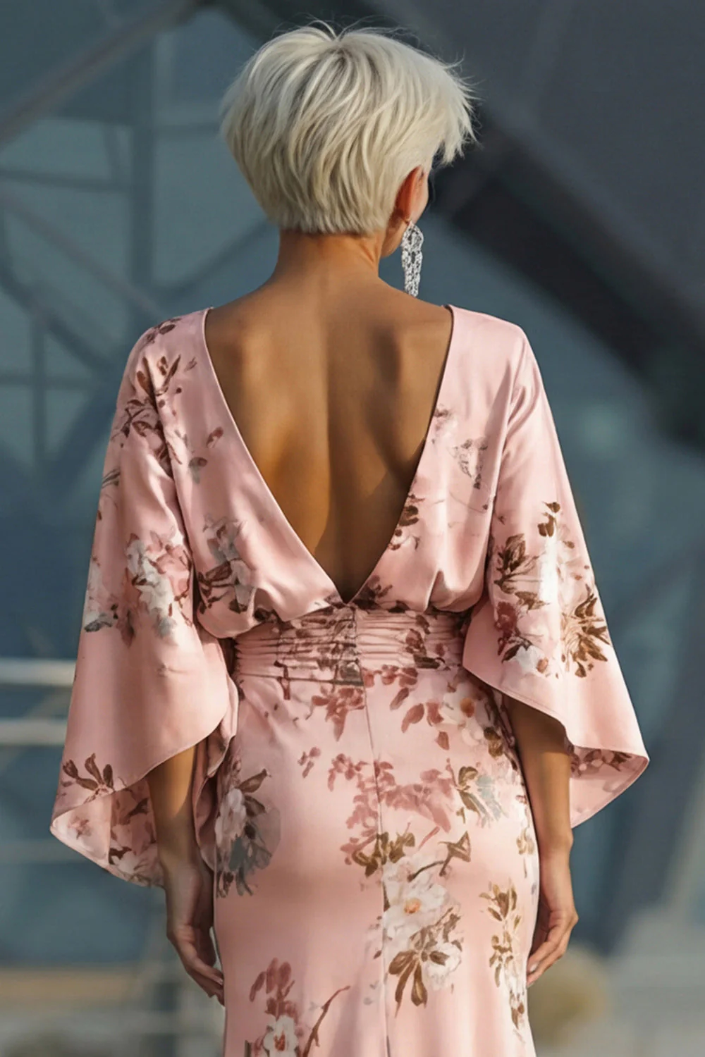 Dusty Rose Flower Sheath Printed Satin Mother of the Bride Dress with Pockets - Image 5