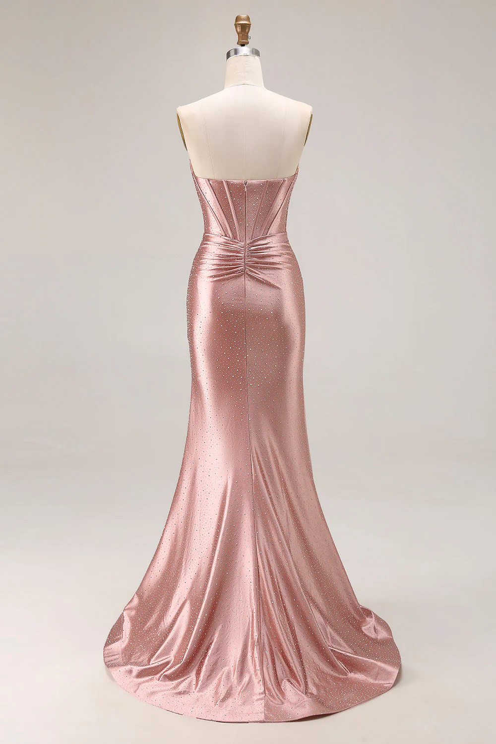 Dusty Rose Mermaid Strapless Beaded Corset Satin Long Prom Dress with Slit - Image 2