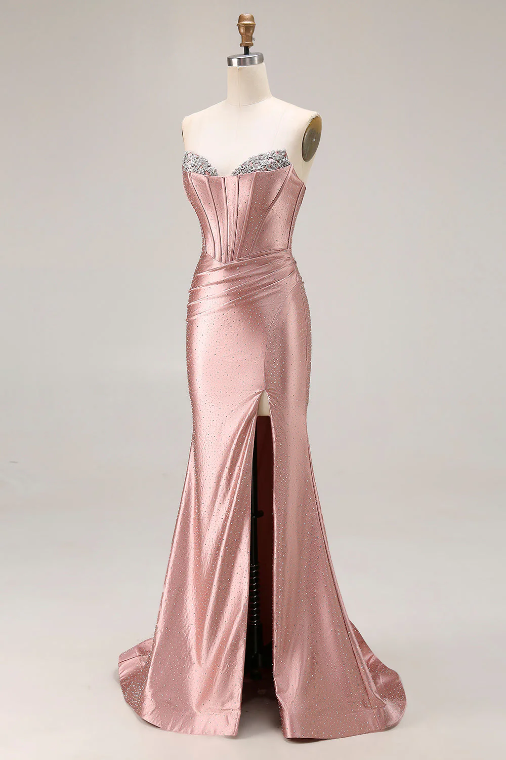 Dusty Rose Mermaid Strapless Beaded Corset Satin Long Prom Dress with Slit - Image 5