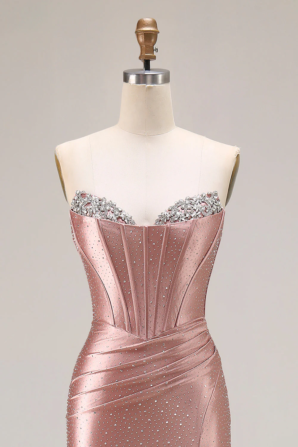 Dusty Rose Mermaid Strapless Beaded Corset Satin Long Prom Dress with Slit - Image 6