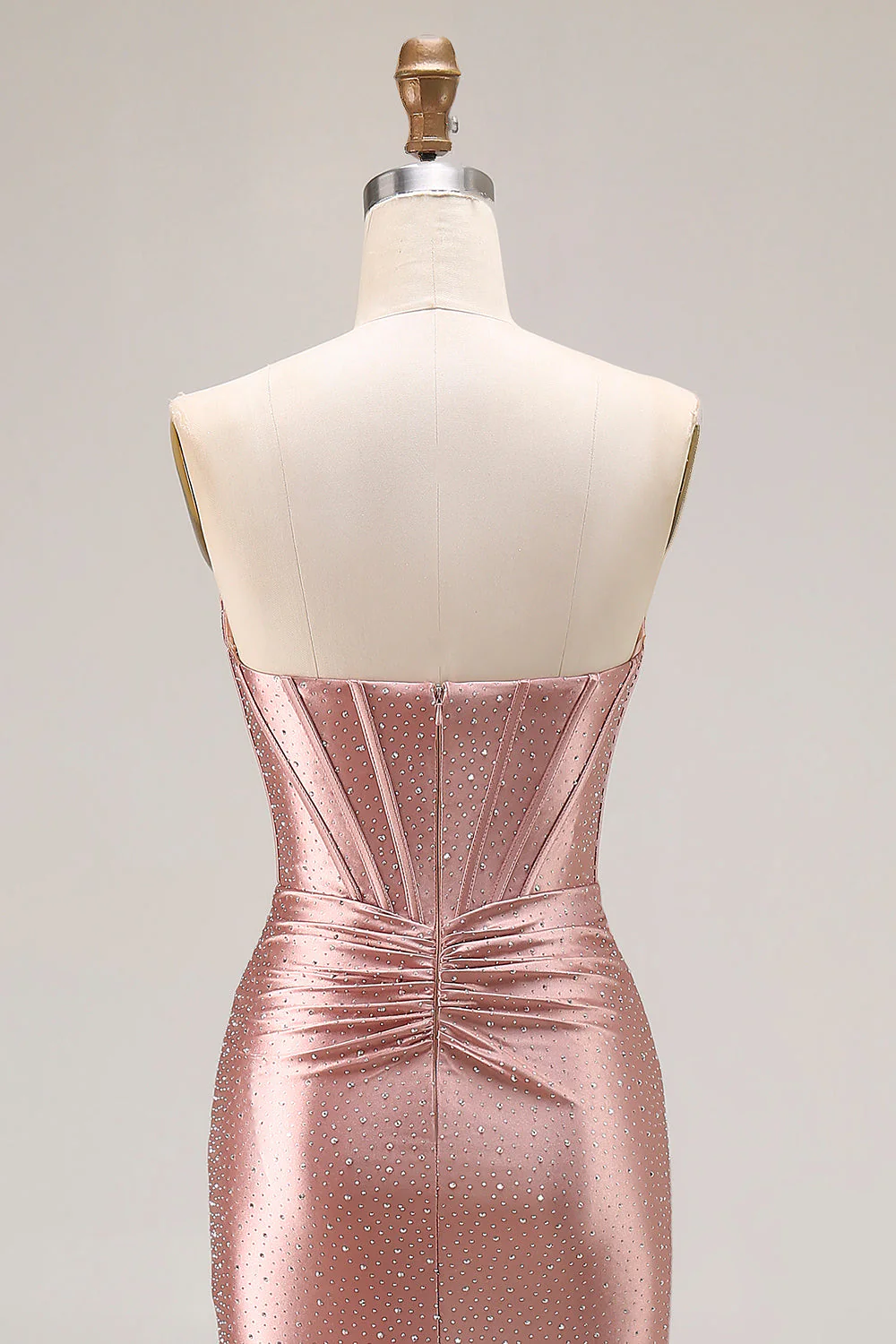 Dusty Rose Mermaid Strapless Beaded Corset Satin Long Prom Dress with Slit - Image 7