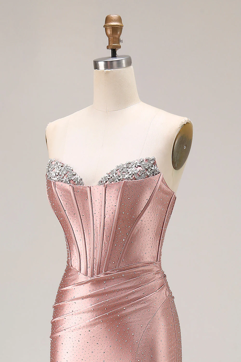 Dusty Rose Mermaid Strapless Beaded Corset Satin Long Prom Dress with Slit - Image 8
