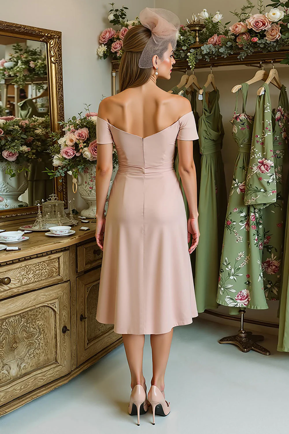 Dusty Rose Sheath Off the Shoulder Ruched Midi Mother Of The Bride Dress - Image 2