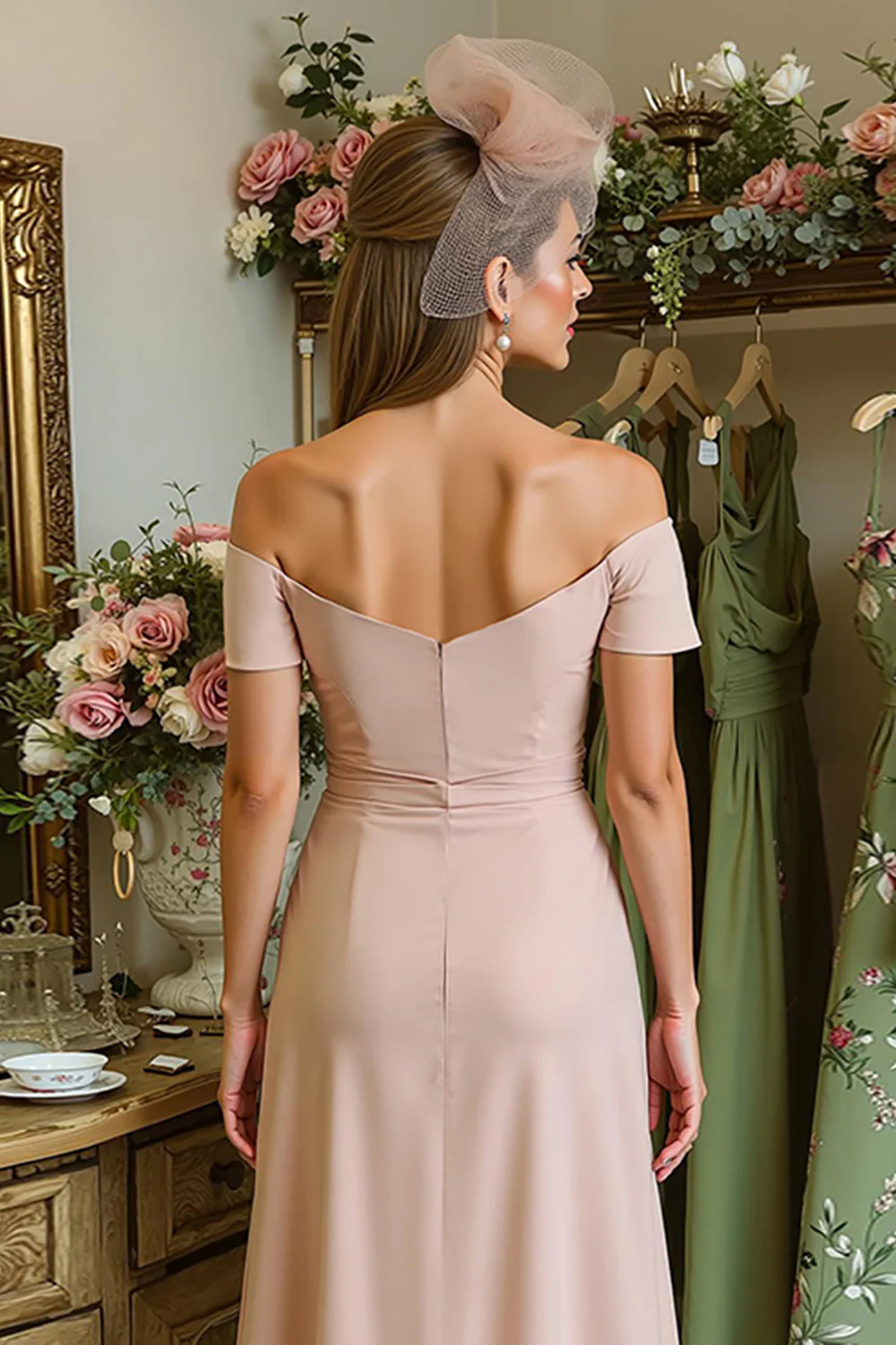 Dusty Rose Sheath Off the Shoulder Ruched Midi Mother Of The Bride Dress - Image 4