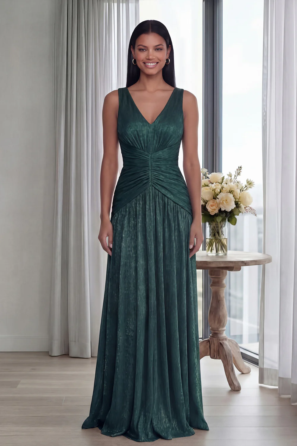 Dusty Rose A Line V Neck Pleated Long Evening Dress - Image 10