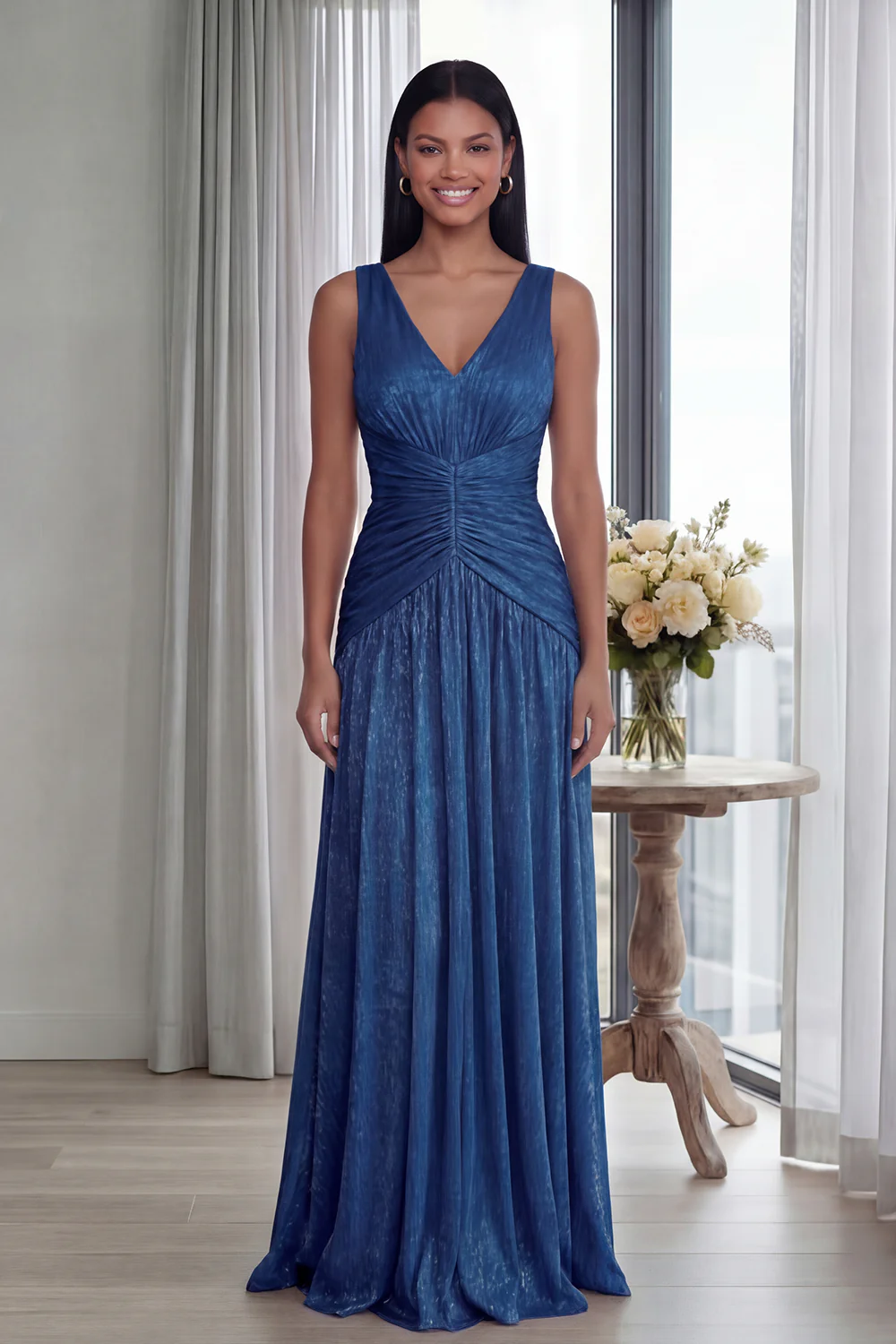 Dusty Rose A Line V Neck Pleated Long Evening Dress - Image 11