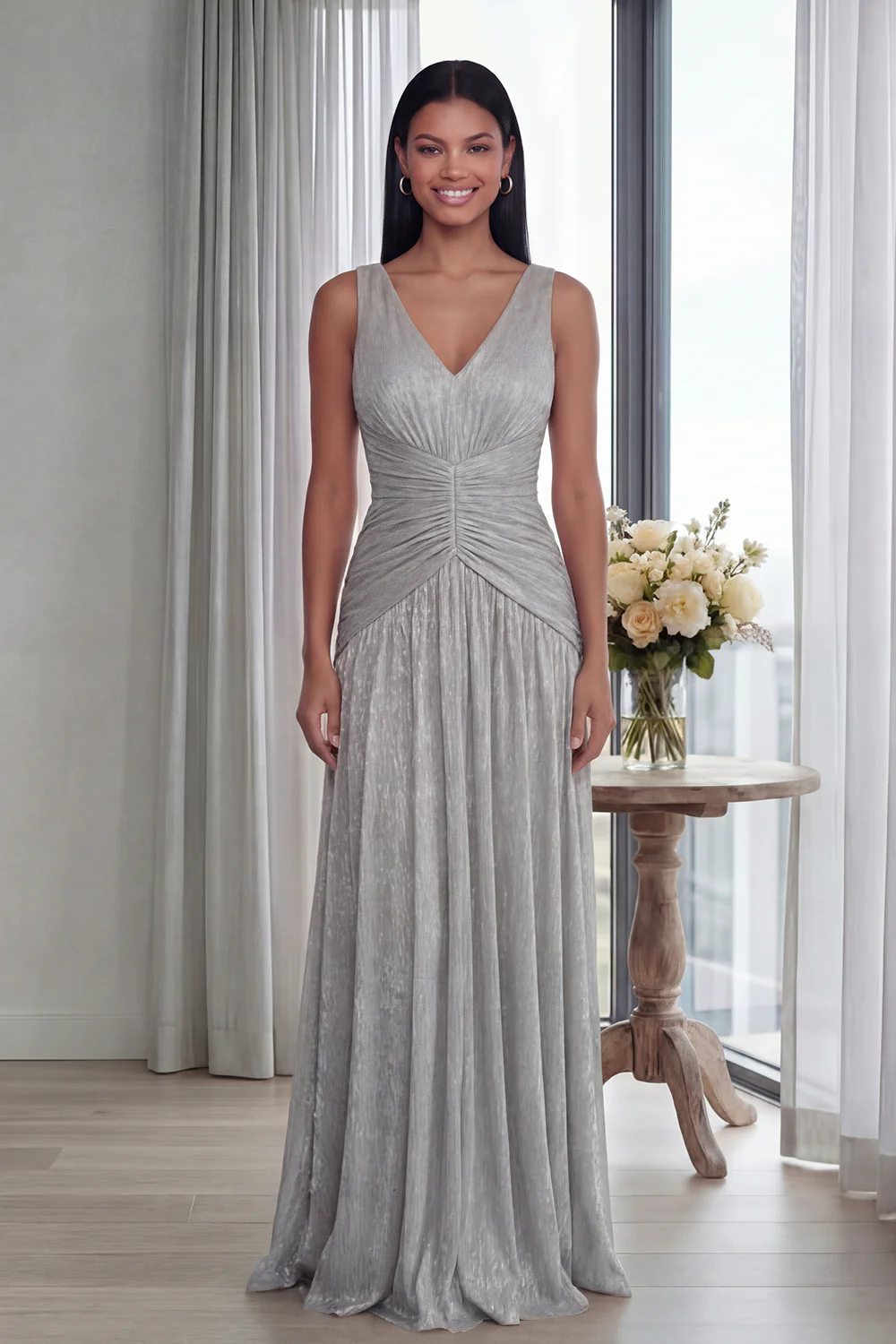 Dusty Rose A Line V Neck Pleated Long Evening Dress - Image 12