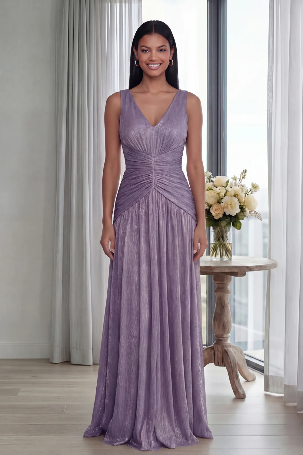 Dusty Rose A Line V Neck Pleated Long Evening Dress - Image 13