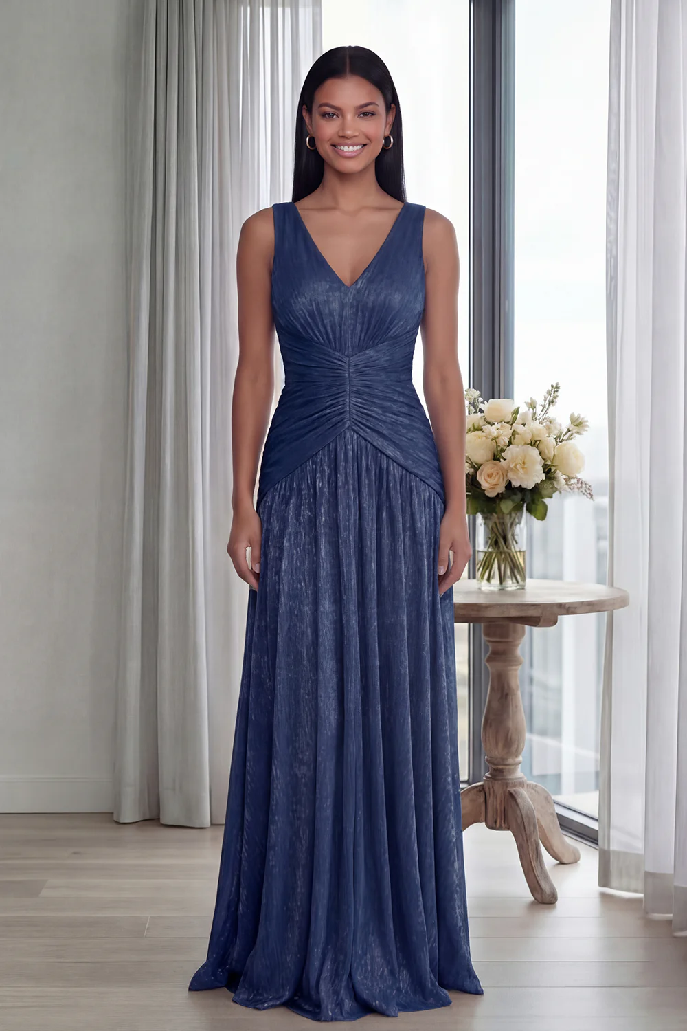 Dusty Rose A Line V Neck Pleated Long Evening Dress - Image 14