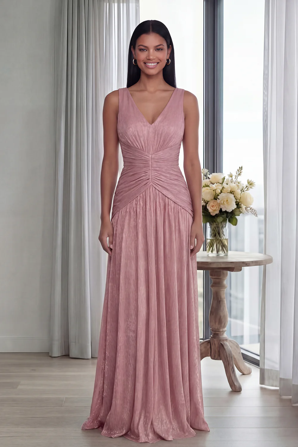 Dusty Rose A Line V Neck Pleated Long Evening Dress - Image 15