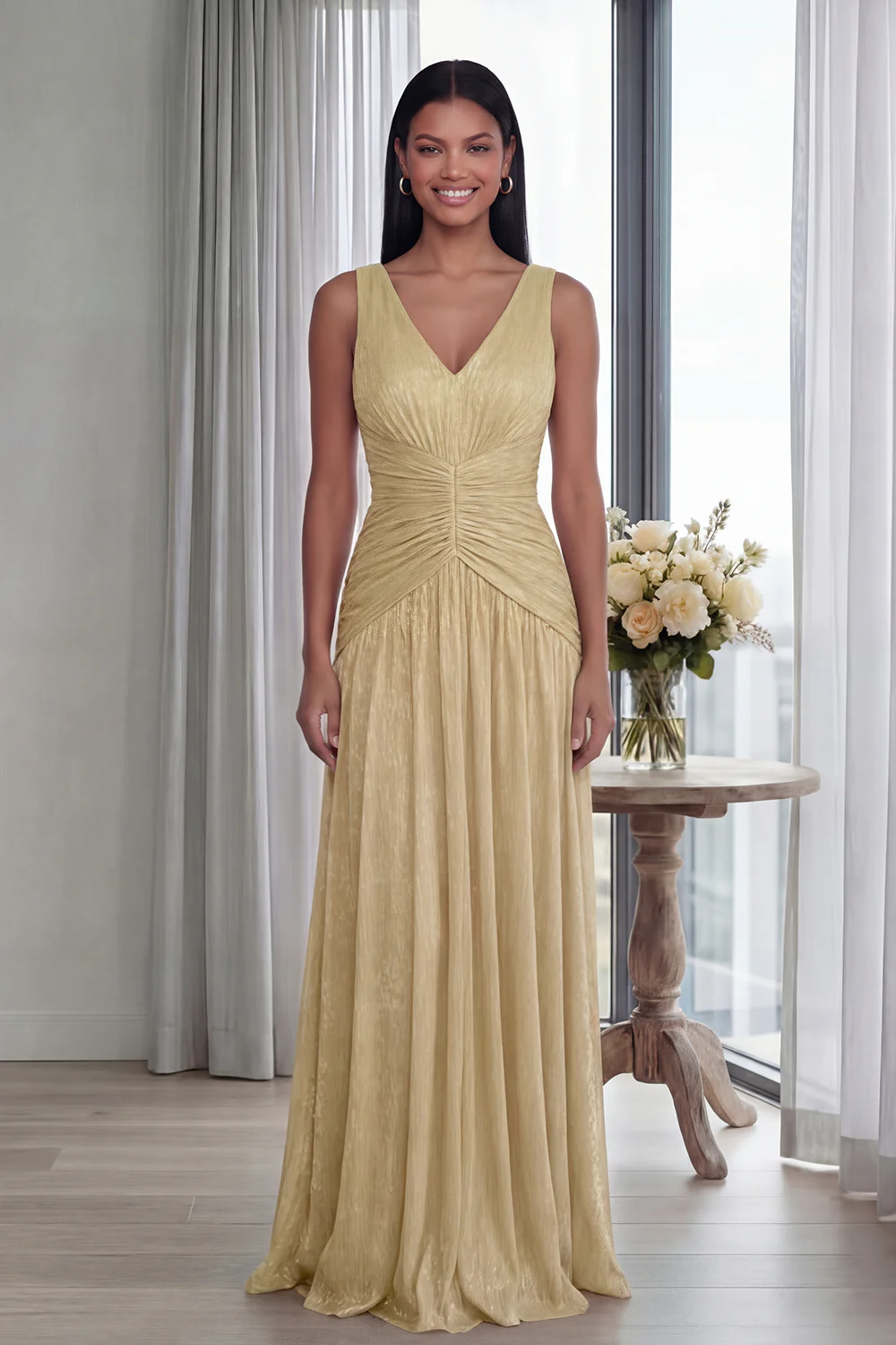 Dusty Rose A Line V Neck Pleated Long Evening Dress - Image 16