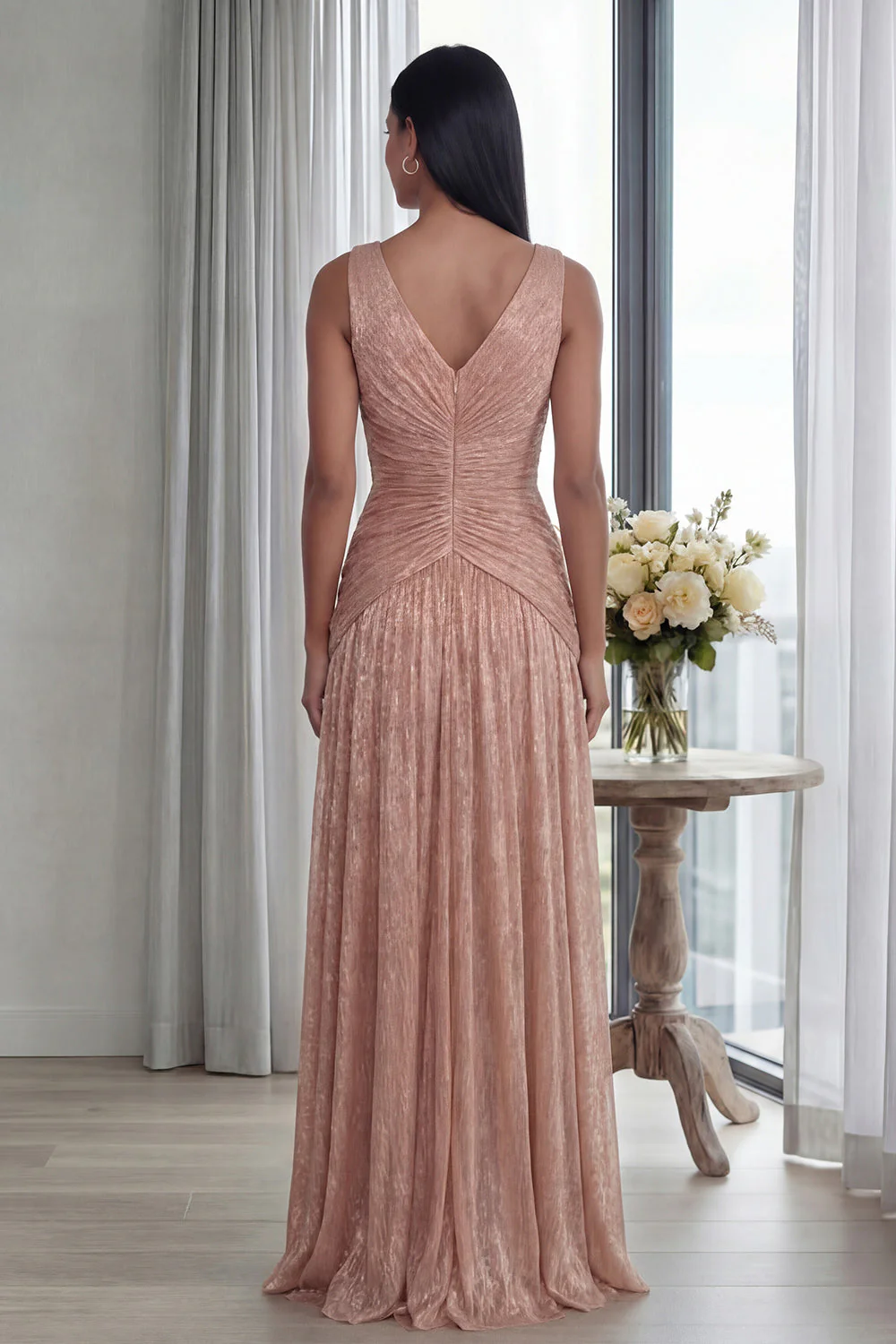 Dusty Rose A Line V Neck Pleated Long Evening Dress - Image 2
