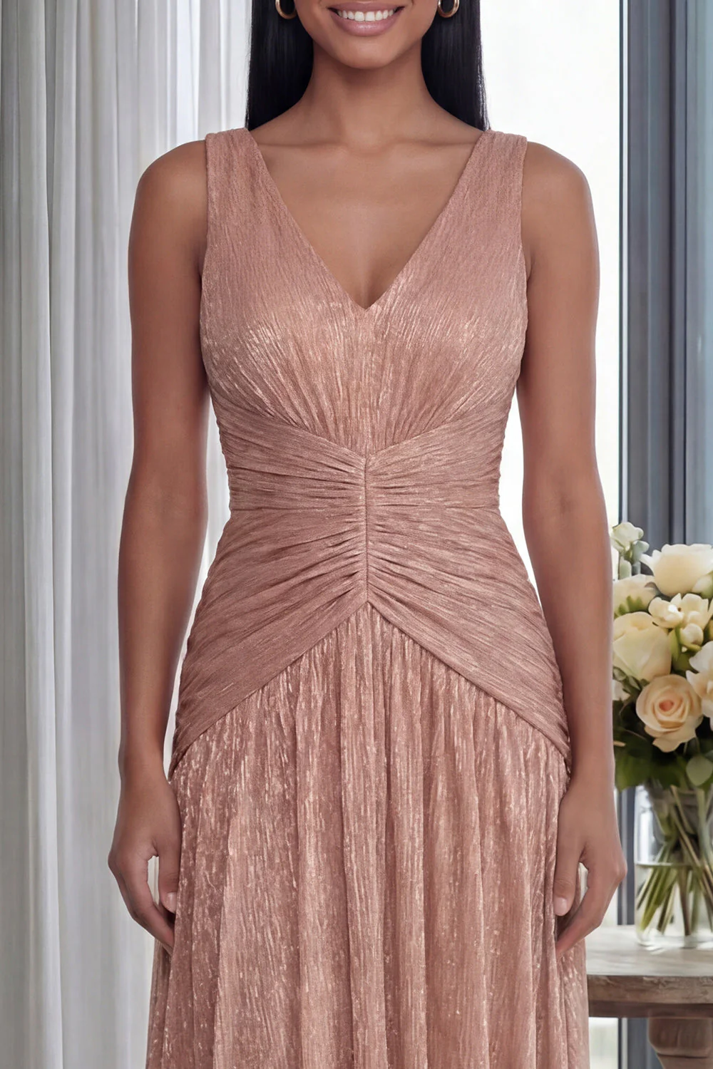 Dusty Rose A Line V Neck Pleated Long Evening Dress - Image 3