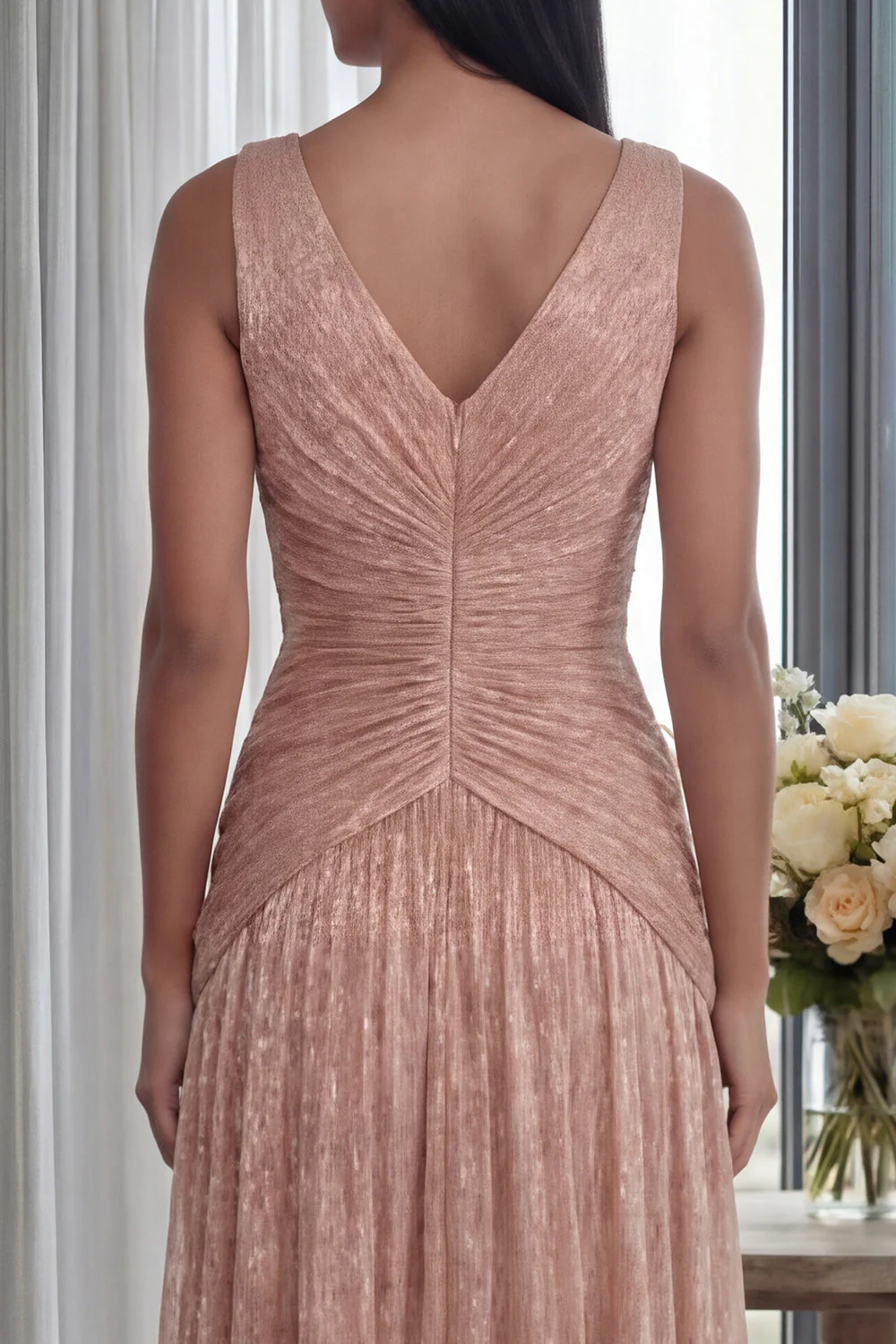 Dusty Rose A Line V Neck Pleated Long Evening Dress - Image 4